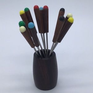 MCM Wooden Appetizer Forks In Holder